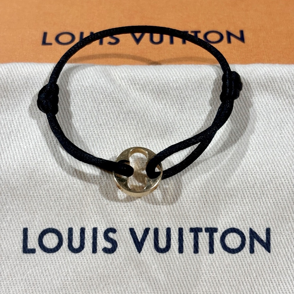 Louis Vuitton Black Cord Bracelet 18k with Yellow Gold Monogram Flower charm